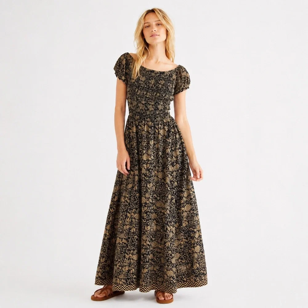 Free People Ultraviolet Maxi Dress Womens Small Floral Smocked Open Back Boho
